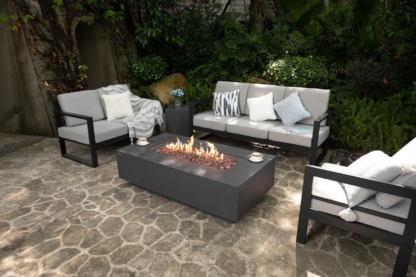 AMS Fireplace | Madison 60"x32" Rectangular Concrete Natural Gas Fire Pit Table | Dark Gray | Travertine (coarse) Texture Surface | Outdoor Patio Heater Electronic Ignition Outside Backyard Fireplace