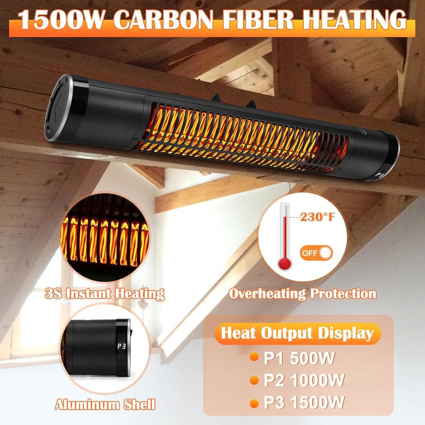 Electric Outdoor Heater, 1500W Patio Heater for Outdoor Use, Wall-Mounted Carbon Infrared Heater,With Remote, 3 Heat Levels, 8H Timers, Radiant Heater for Garage, Gazebos, Shop