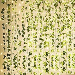 KASZOO 84Ft 12 Pack Artificial Ivy Garland Fake Plants, Vine Hanging Garland with CE Certified 80 LED String Light, Hanging for Home Bedroom Garden Party Wedding Wall Room Decor, Green