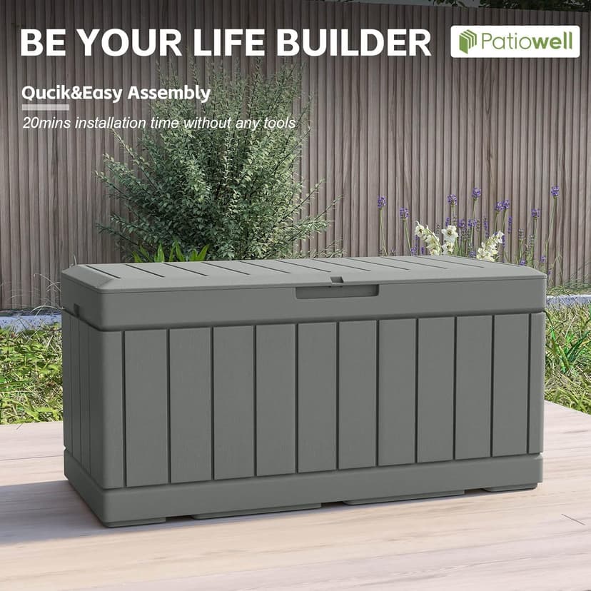 Patiowell 82 Gallon Resin Deck Box, Waterproof Large Wood Look Storage Box for Patio Furniture, Pool Accessories, Garden Tools and Sports Equipment, Lockable, Grey