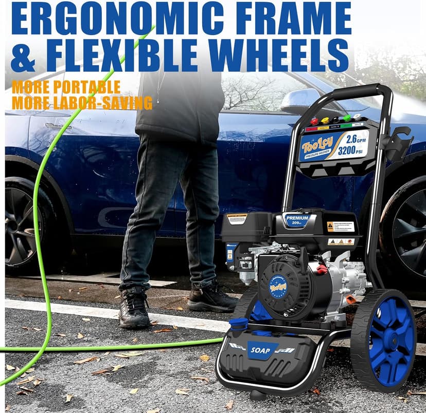 TOOLCY Gas Pressure Washer 3200 PSI & 2.6 GPM, High Performance Engine, Includes Swivel Spray Gun and Wand, 35FT Power Washer Hose, 5 Nozzle Tips, Onboard Soap Tank, for Cars/Driveways/Homes