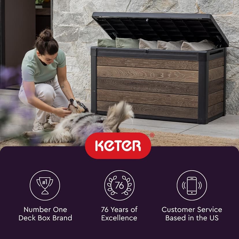 Keter Signature Collection 100 Gallon Resin Deck Box Organization and Storage Box for Patio Outdoor Cushions, Throw Pillows, Garden Tools and Pool Supplies, Walnut