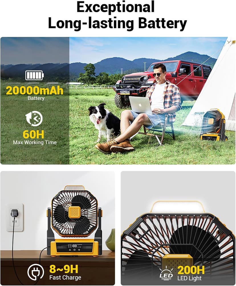 KopBeau Portable Camping Fan with Lights, 20000mAh Rechargeable Battery Operated Fan, Battery Powered Outdoor Beach Tent with 3 Speeds & Hook, Personal USB Table for Camping Accessories