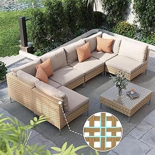 Grand patio 7-Piece Wicker Patio Furniture Set, Boho Outdoor Conversation Set Sectional Sofa with Water Resistant Thick Cushions and Coffee Table, Beige