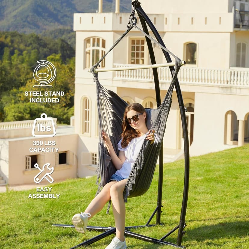 PNAEUT Hammock Chair with Stand Indoor Outdoor, Hanging Egg Swing Chair with Patented Adjustable Pillow, 2 Cushions, Bag, for Bedroom Balcony Patio, Stand 350lbs / Chair 500lbs Capacity (Dark Gray)