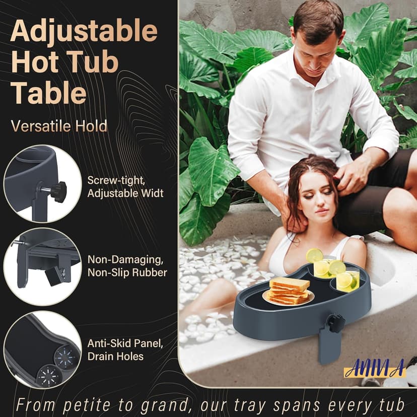Anivia Adjustable Hot Tub Table Tray with 2 Cup Holders, Nonslip Trays, Clamps to Side of Aboveground Bathtub/Spa with Wall Thickness of 2.5'' to 7.5''