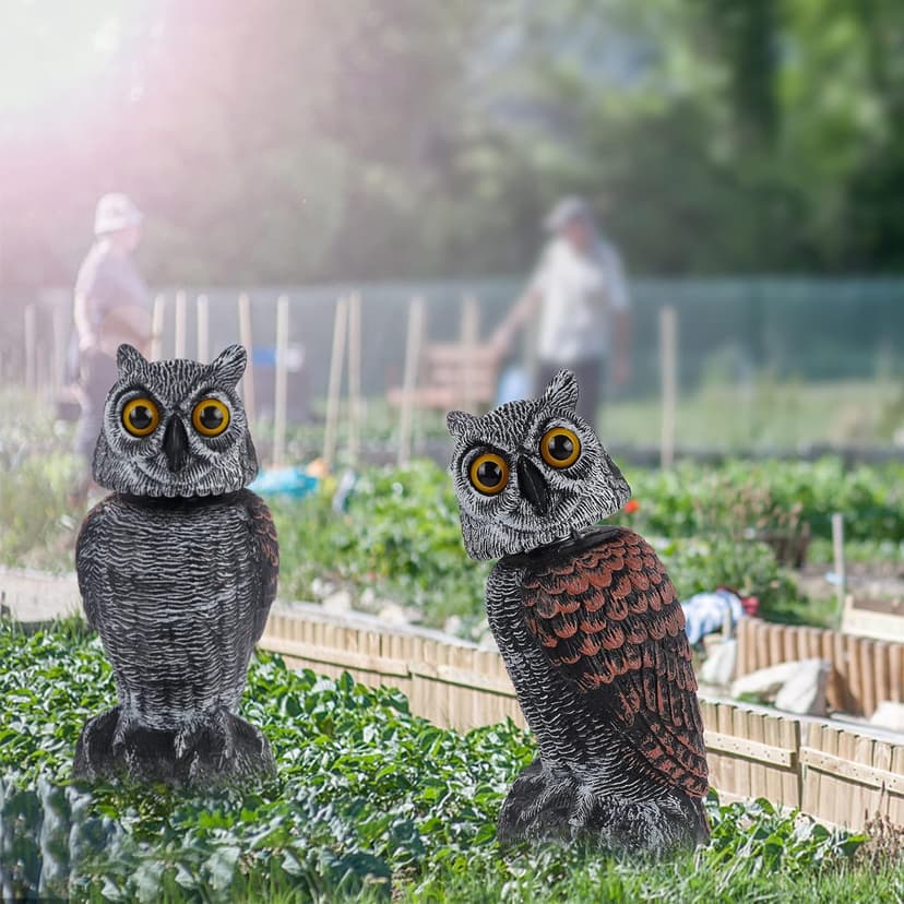 Hausse 2 Pack Fake Owl Decoys to Scare Birds Away, Rotating Head Plastic Owl Bird Deterrents, 10.6 Inch Height Bird Scarecrow Nature Enemy Horned Pest Repellent for Outdoor Garden Yard