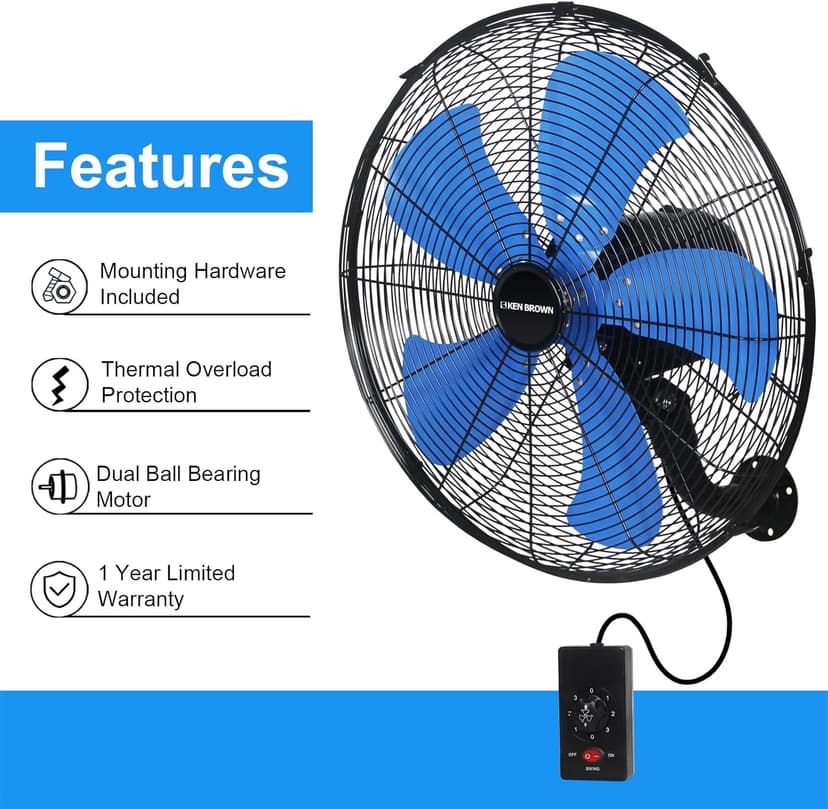 KEN BROWN 18 Inch 3-Speed High Velocity Industrial Oscillating Fan, Wall Mount Fan with Max. 4200 CFM, Seperated Switch and 5 Blades, Heavy Duty Metal for Household/Patio/Workshop, Blue