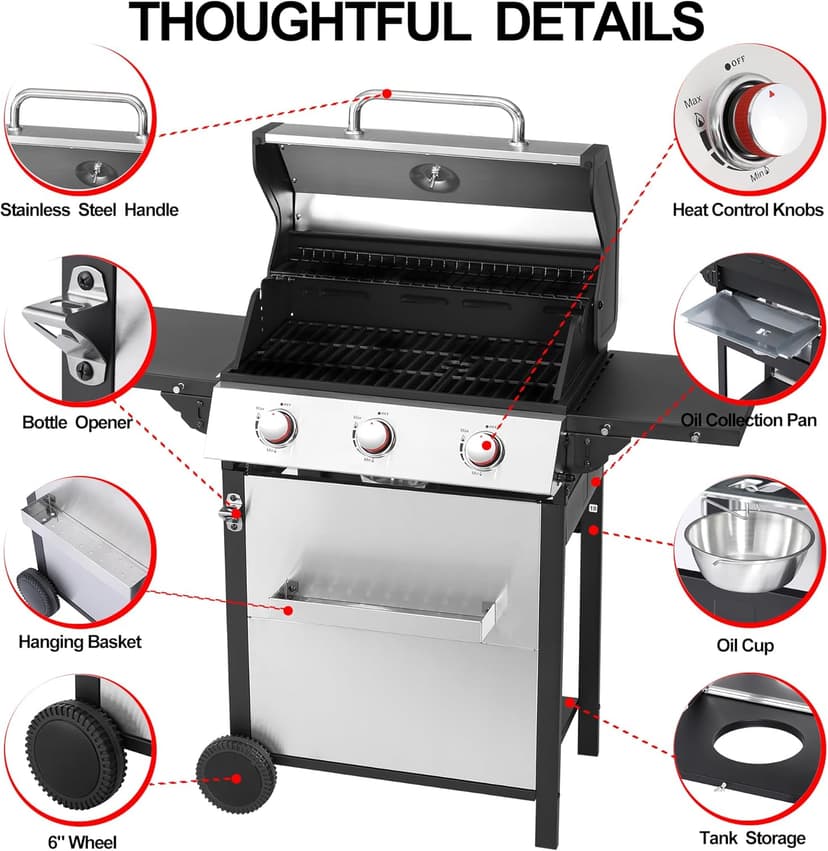 3-Burner Propane Gas Grill, Stainless Steel Cabinet with Side Table & Knob Controls, BBQ Cast Iron Grates and Thermometer for Outdoor Cooking, Patio, BBQ