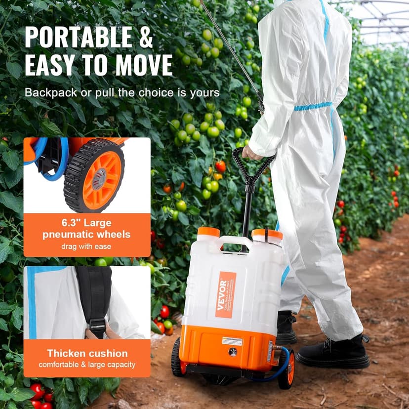 VEVOR 4 Gallon Battery Powered Backpack Sprayer with Wheeled Cart, Adjustable 0-94 PSI, 13FT Hose, 6 Nozzles, 2 Wands Included, Wide Mouth Lid for Weeding, Cleaning, Long Spray Time, White+Orange