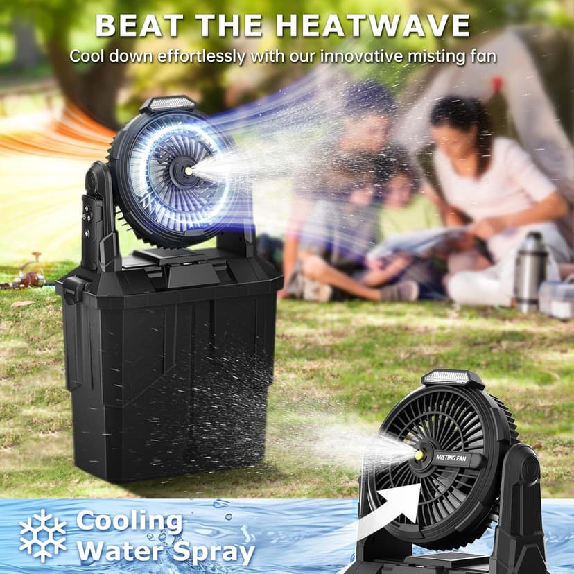 Misting Fan, 6L Bucket Portable Misting Fans with Remote, 20000mAh Rechargeable Battery Portable Fan for Outdoors Patios, Camping Fans 270° Adjustable, Hanging & Lighting for Outdoor Cooling