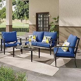 4 Pieces Patio Furniture Set w/loveseat,Coffe Table,Outdoor Conversation Metal Sofa with High Back and Thick Cushion,for Backyard,Garden,Navy