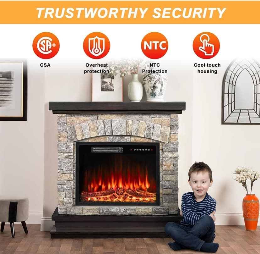 BOSSIN 36" Electric Fireplace with Mantel, 23 inch Electric Fireplace Insert, TV Stand Freestanding Heater with Remote Control Timer LED Flame for Living Room Bedroom,Faux Stone Gray