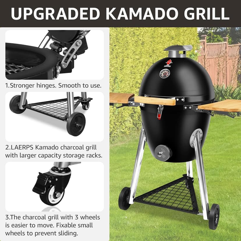 Large Kamado Charcoal Grill, Charcoal Grill with Smoker and Locking Lid, Kamado Charcoal Grill with Side Tray, Easy to Move and Clean, 18 Inches Large Charcoal Grills for Outdoor Cooking