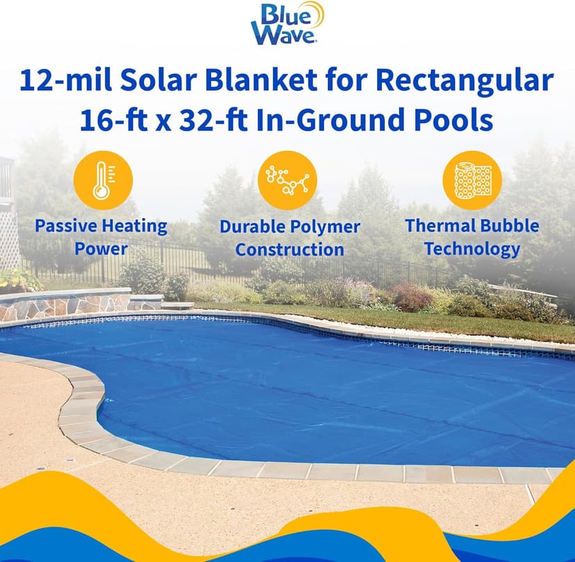 Blue Wave 16-ft x 32-ft Rectangular Pool Solar Blanket - 12-mil Solar Pool Cover with Thermal Bubbles to Retain Heat and Reduce Evaporation – Fade Resistant Pool Solar Cover for Inground Pool - Blue