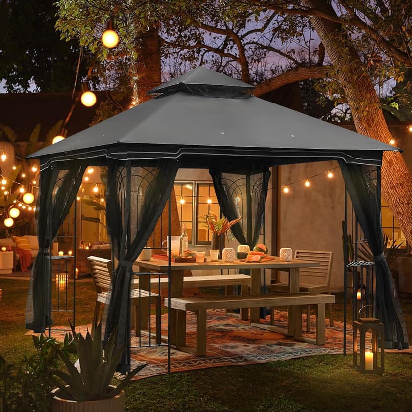 ECOTOUGE Outdoor Gazebo 10x10 for Patios, Double Waterproof Soft-top Canopy, Garden Tent with Netting for Party, Backyard, Grey