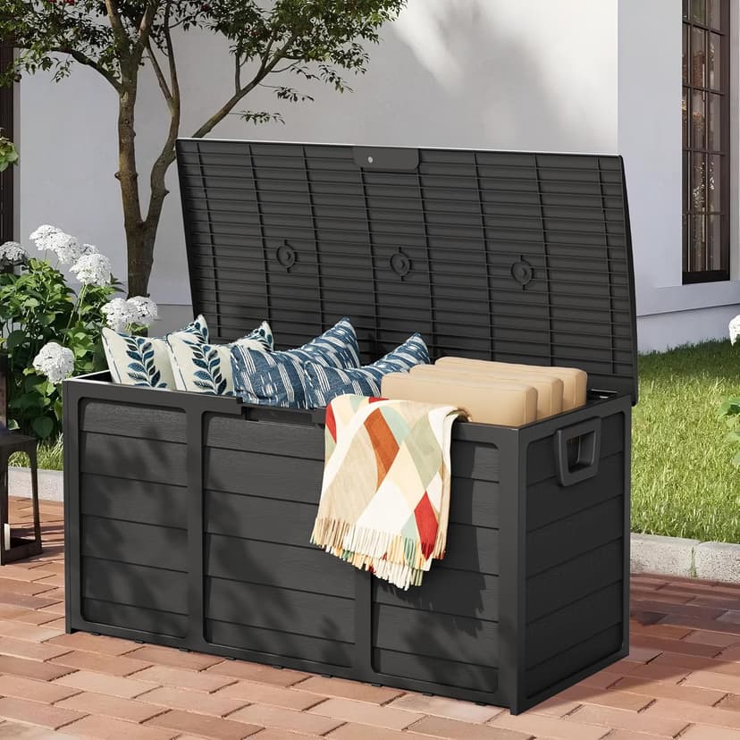 SUNCROWN 75 Gallon Deck Storage Box Resin Outdoor Storage Container with Handles for Patio Garden Yard, Black, Black