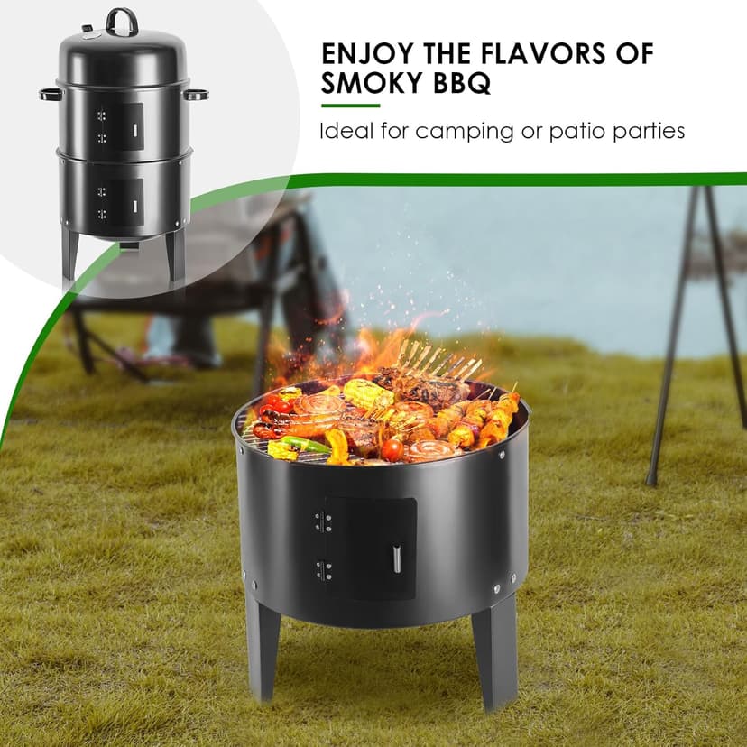 17-Inch Vertical 17-Inch 3-in-1 Charcoal BBQ Smoker, Heavy-Duty Portable Outdoor Grill with Built-in Thermometer, Dual Air Vents, and Multi-Level Cooking for Camping & Backyard Parties