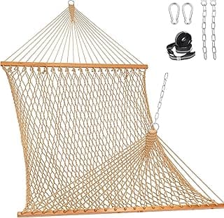Lazy Daze Hammocks Double Rope Hammock, 2 Person Traditional Outdoor Hand Woven Cotton Rope Hammock with Spreader Bar, Chains, Tree Straps for Patio Yard - Max 450 Lbs, Tan