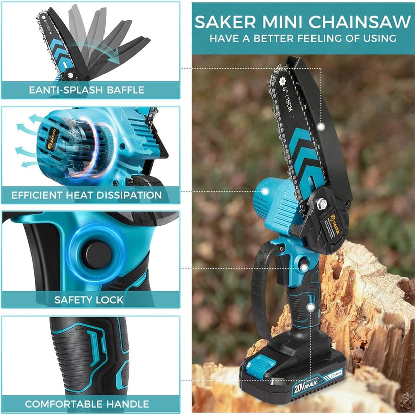 Saker Mini Chainsaw,6 Inch Portable Electric Chainsaw Cordless, Small Handheld Chain saw for Tree Branches,Courtyard, Household and Garden,By 2PCS 20V 1500mAh Batteries,Extra 3 PCS Chain