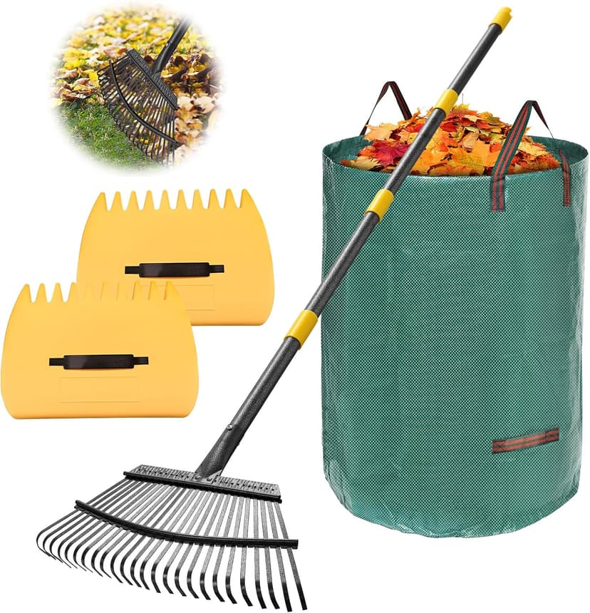 Rake,65 Inch Garden Leaf Rake Set, Wide Heavy Duty Leaves Raking Tools with 25 Metal Tines, 32 Gallon Leaf Bags and Scoops, Yard Garden Thatching Rakes for Lawn Flower Bed Grass Mulch Shrub