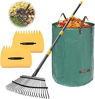 Rake,65 Inch Garden Leaf Rake Set, Wide Heavy Duty Leaves Raking Tools with 25 Metal Tines, 32 Gallon Leaf Bags and Scoops, Yard Garden Thatching Rakes for Lawn Flower Bed Grass Mulch Shrub