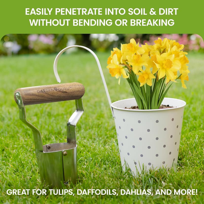 Garden Guru Eco Bulb Planter - 100% Recycled Stainless Steel - Rust Resistant - FSC Certified Wood Ergonomic Handle - Depth Marker for Consistent Planting Flowers Tulips, Daffodils, Dahlias