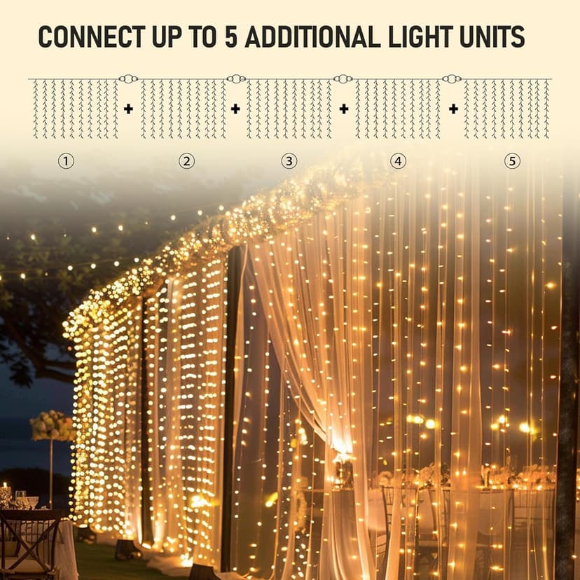 Dazzle Bright 300 LED Curtain String Lights, Christmas Fairy Lights for Bedroom with 8 Lighting Modes, Connectable Waterproof Window Lights Party Wedding Garden Wall Decor, Warm White