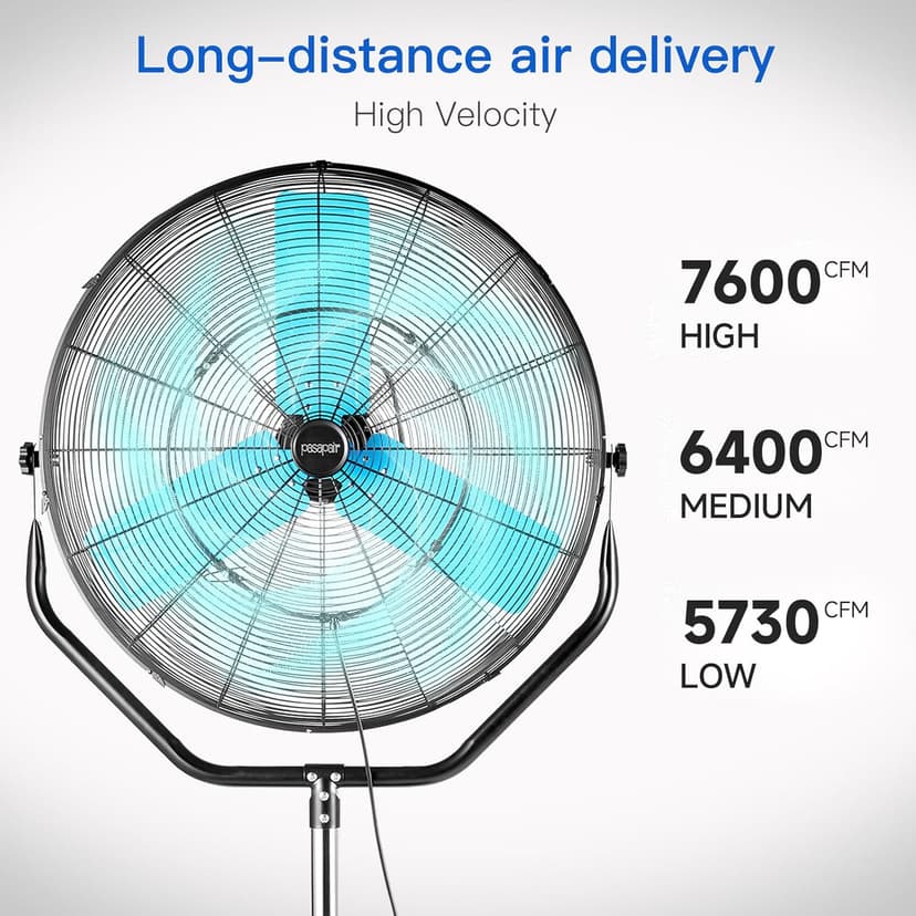 pasapair 7600 CFM 24" High Velocity Outdoor Misting Fan, Standing Fans for Patio Waterproof, Cooling Floor Fan 3-Speed, 360° Oscillation, Adjustable Height, 4 Casters, Heavy Duty Metal Industrial Fan