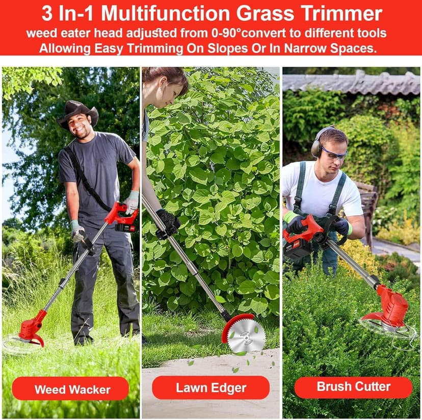 Weed Wacker Cordless,24v Electric Weed Eater Battery Powered,3 in 1 Lightweight Grass Trimmer with 2 4.0 Ah Batteries & Charger,Height Adjustable Wheeled Brush Cutte for Lawn Care,Garden,Yard (red)