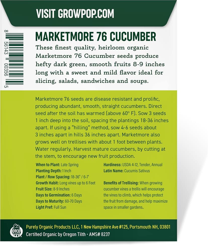 Organic Cucumber Seeds (Marketmore 76) - Approx 100 Seeds - USDA Organic, Non-GMO, Open Pollinated, Heirloom, USA Origin