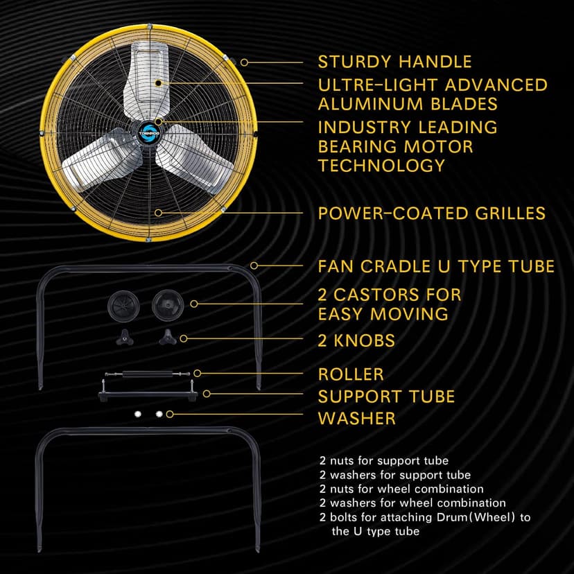 Tornado - 24 Inch High Velocity Heavy Duty Tilt Metal Drum Fan Yellow Commercial, Industrial Use 3 Speed 8540 CFM 1/3 HP 8 FT Cord UL Safety Listed (YELLOW)