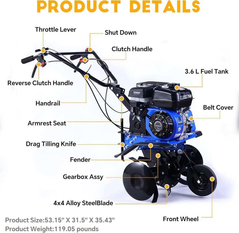 Rear Tine Tiller– 7HP 212CC 4-Cycle Gas Engine, 22" Adjustable Width, Heavy Duty High Carbon Steel Tines, Instant Reverse, Tiller for Gardening, New Ground Breaking & Deep Soil Cultivation