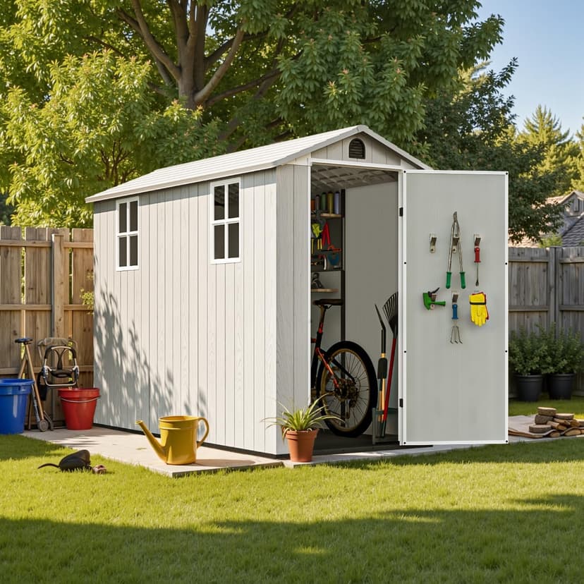 Patiowell 4' x 8' Outdoor Storage Shed with Floor, Plastic Shed Outside Resin Tool Shed with Two Windows and Lockable Door for Backyard Garden Patio Lawn, White (Fit-it Shed)