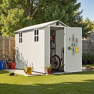 Patiowell 4' x 8' Outdoor Storage Shed with Floor, Plastic Shed Outside Resin Tool Shed with Two Windows and Lockable Door for Backyard Garden Patio Lawn, White (Fit-it Shed)