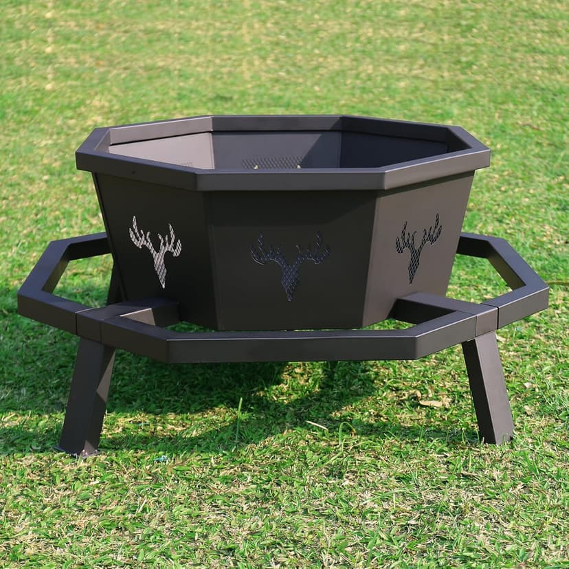 BOINN 35 Inch Fire Pit, Wood Burning Fire Pit for Outside, Heavy Duty Octagonal Firepit with Poker for Camping Backyard Patio Black