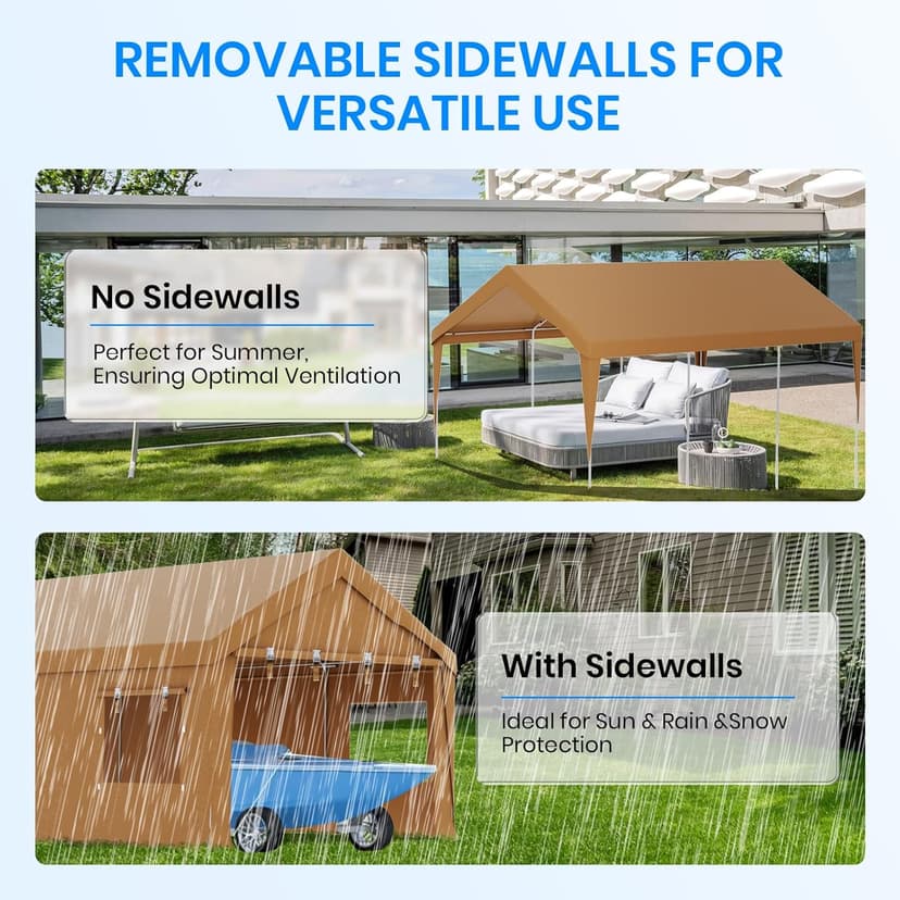 Carport 10x20 Heavy Duty Portable Garage,Carport Canopy with Roll-Up Windows & Doors,Portable Garage and Shelter with Removable Sidewalls,Car Tent Garage with All-Season Tarp for Truck Bike Lawnmower