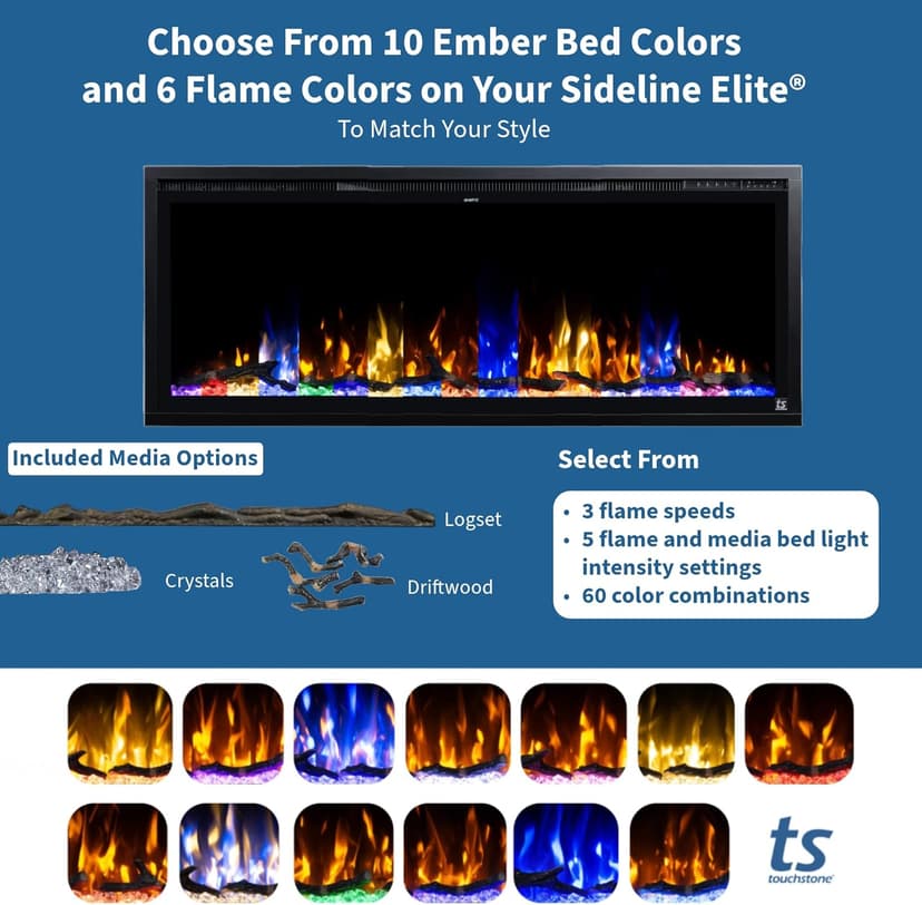 Touchstone 80049 - Indoor/Outdoor Sideline Elite Smart WiFi-Enabled Electric Fireplace - 60" Wide - in-Wall Recessed or Wall Mount - Realistic 6 Color Flame - No Heat - Log & Crystal