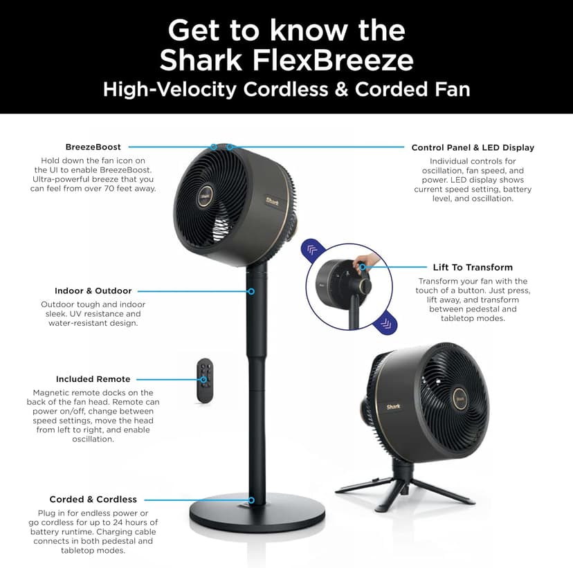 Shark FlexBreeze Fan - Indoor & outdoor oscillating fan, pedestal & tabletop, corded & cordless portable fan with outdoor InstaCool misting attachment - FA222