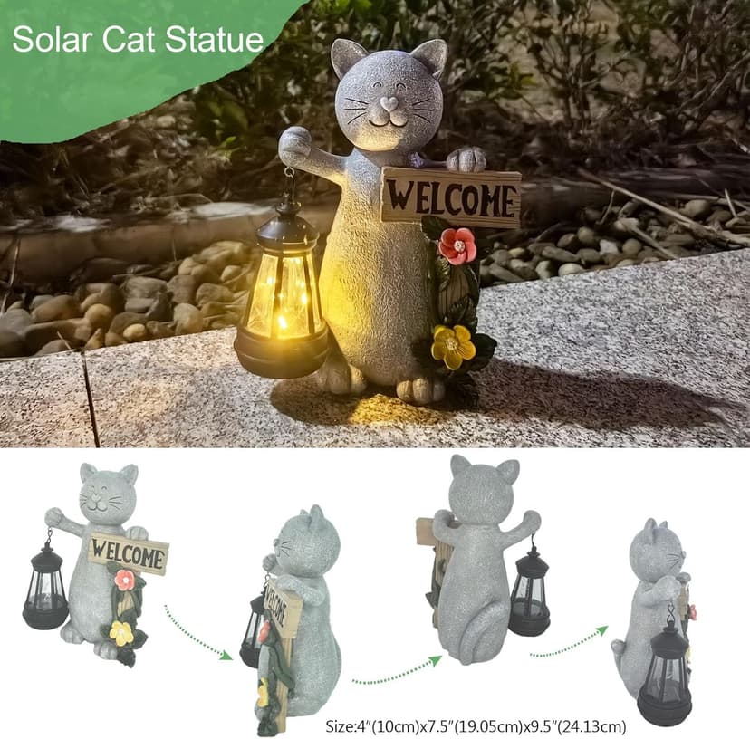 Solar Cat Statue Outdoor Decor-9.4" Welcome Garden Sculpture with Solar Lantern &3D Flowers,Weatherproof Resin Yard Art for Patio, Lawn,Yard Outside,Birthday Gifts for Mom,Grandma,Cat Lovers
