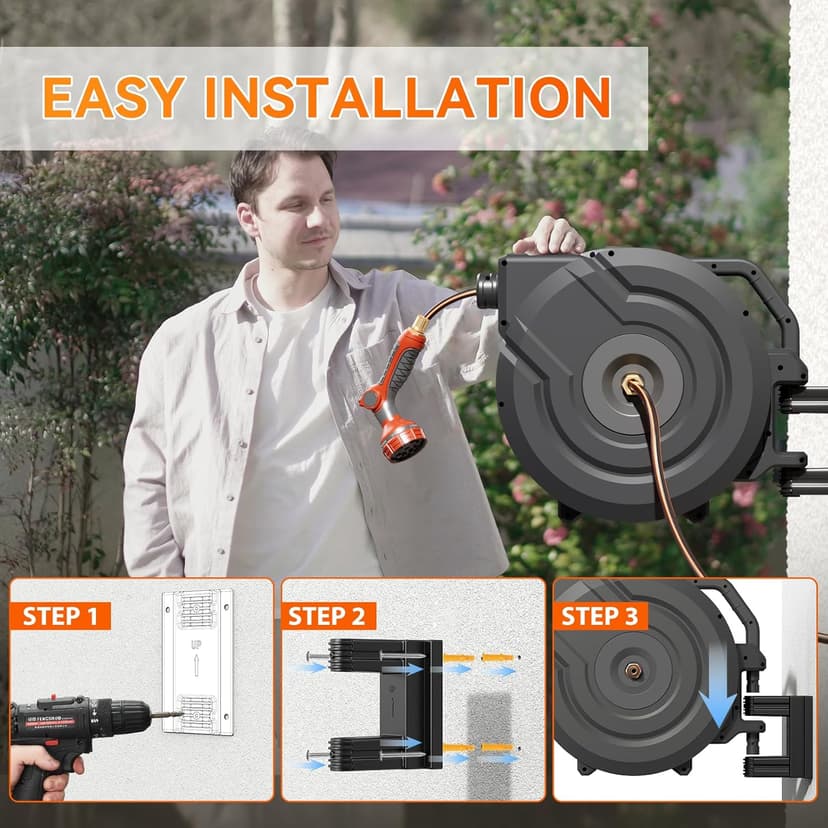 NEOTEC Retractable Garden Hose Reel 5/8 inch x 90ft - Wall Mounted Heavy Duty Hose Reel with 3/4 Inch Brass Fittings & 9-Pattern Nozzle - Auto Rewind System, Any Length Lock, 180° Swivel Bracket