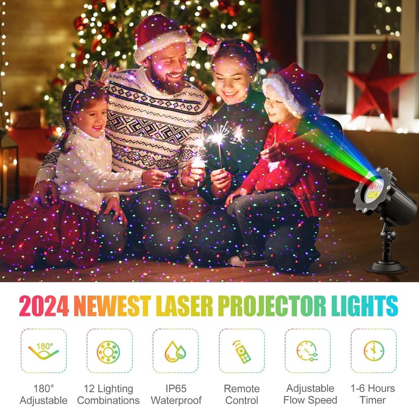 Waterproof Firefly Laser Projector Lights Outdoor,12 Effect Moving RGB Lights Show Laser Projection with RF Remote and Timer for Wedding Christmas Holiday Party Garden Landscape Decor