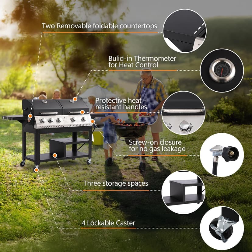 5-Burner Propane Gas Grill,griddle grill combo Double Grills with Storage space,54,000 BTU 627 SQ.IN.Output Stainless Steel Grill for Outdoor Cooking Kitchen, Garden and Patio Backyard Barbecue