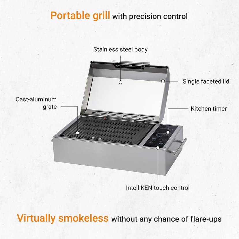 KENYON Frontier Portable Electric Grill, Single Burner With IntelliKEN Touch Control, Stainless Steel Body, Rust-Proof Grill, UL-Approved For Indoor And Outdoor Use, Dishwasher Safe Grates, 120V
