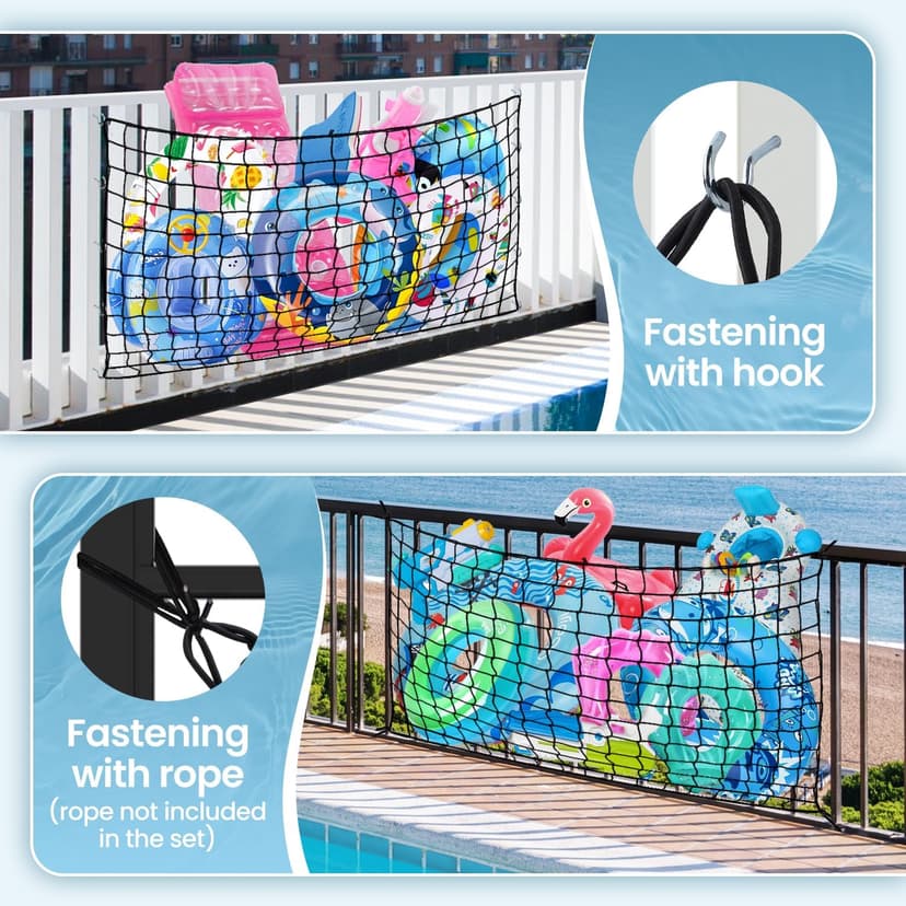 Pool Toy Float Storage Net - 71*47 Inch Extra Large Elastic Mesh Fence Net with 20 Hooks Outdoor Hanging Pool Storage Organizer for Pool Floats, Swim Rings, Balls, Inflatable Toys Pool Accessories