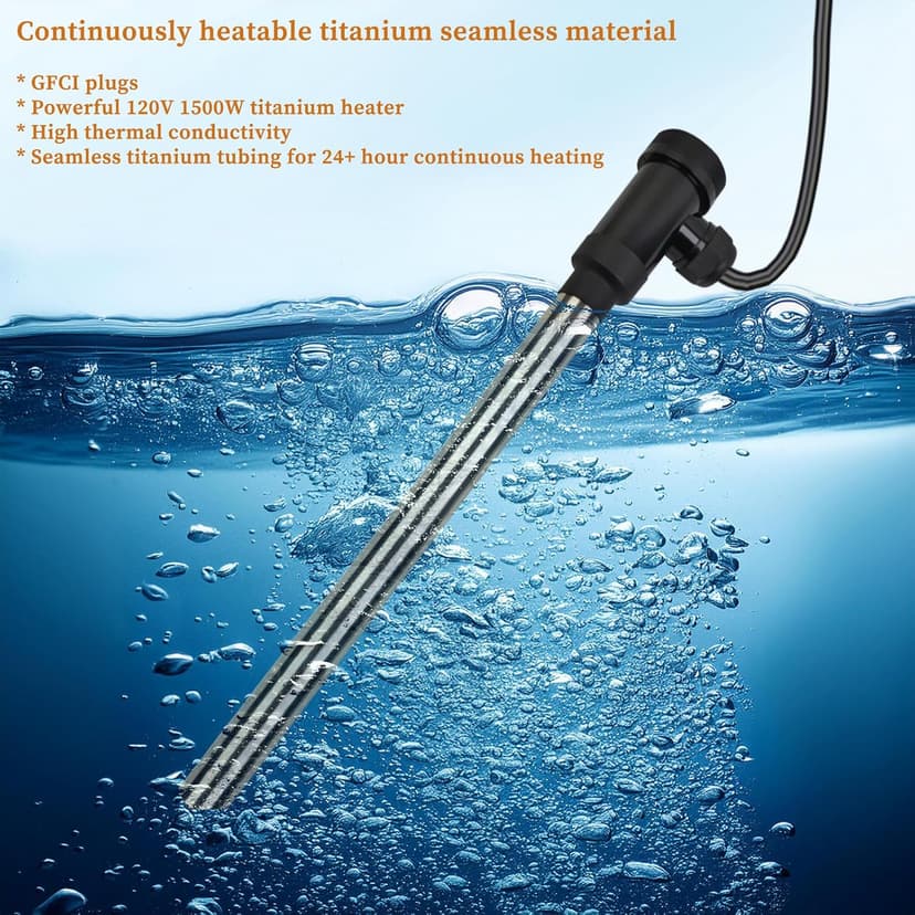 1500W Titanium Fully Submersible, Portable Electric Hot Tub immersion Water Heater with Thermostat, GFCI Leakage protection for pool, Bathtubs, Buckets, baptistry, Saltwater Most of Liquid