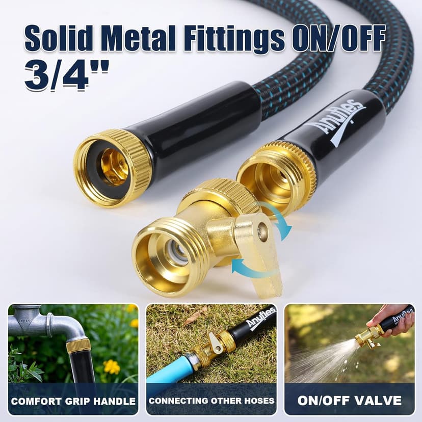 Garden Hose 50FT, Lightweight 3-Layer PVC Flexible Water Hose, No Kink, Leak-Resistant, High-Pressure with Meatl Fittings, Durable for Outdoor, Gardening, Washing Cars, Easy to Store