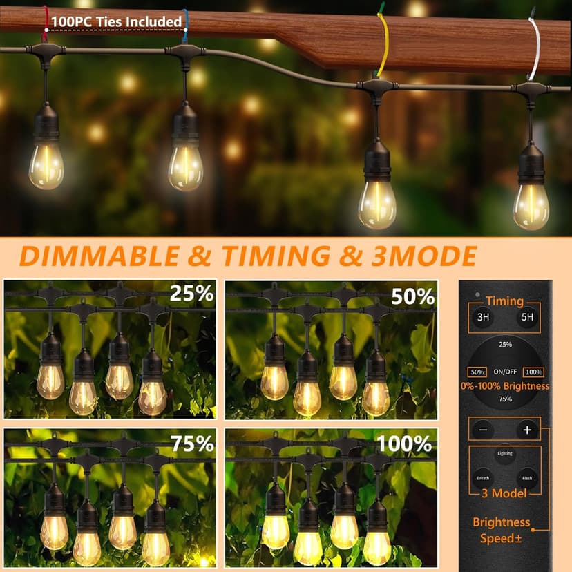 50FT Outdoor String Lights Waterproof with 30+2 Bulbs(𝟏.𝟓𝐅𝐓 𝐁𝐮𝐥𝐛𝐥𝐬 𝐒𝐩𝐚𝐜𝐢𝐧𝐠), Remote & Dimmer, Commercial Grade Patio Lights with 3 Mode Light & Timing,100PC Ties for Outside