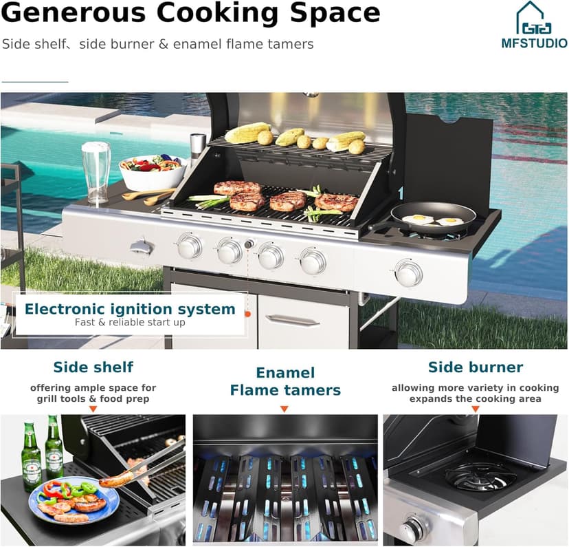 MFSTUDIO 4-Burner Propane Gas Grill, Stainless Steel BBQ Grill with Side Burner and Porcelain-Enameled Cast Iron Grates, High Heat Output Gas BBQ Grills for Barbeque and Outdoor Cooking
