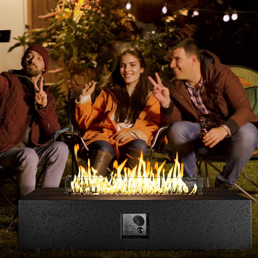 COSIEST 56 x 28 inch Outdoor Propane Fire Pit Coffee Table w Concrete Rectangle Base, CSA Certified, 50,000 BTU, Free Lava Rocks and RainCover, Fits 20lb Tank Outside, Wind Guard, Tank Cover, Gray